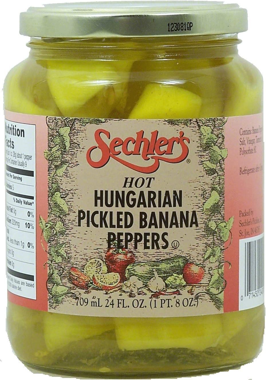 Sechler's hot hundarian pickled banana peppers 24-fl. oz. glass jar (Pack fo 1)