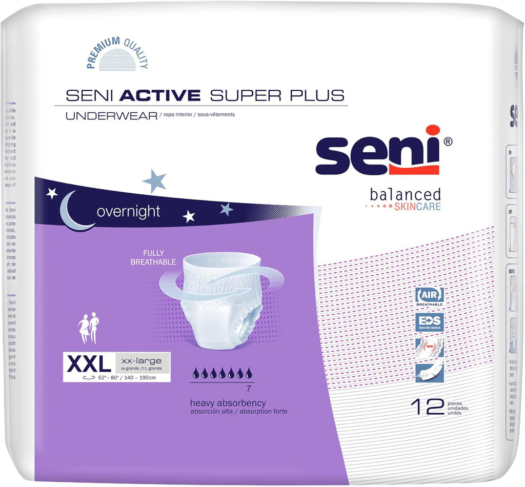 Seni Active Super Plus Unisex Adult Incontinence Underwear, Heavy Absorbency, Pull On Disposable Overnight Underwear for Men & Women (XX-Large, 48, Count)