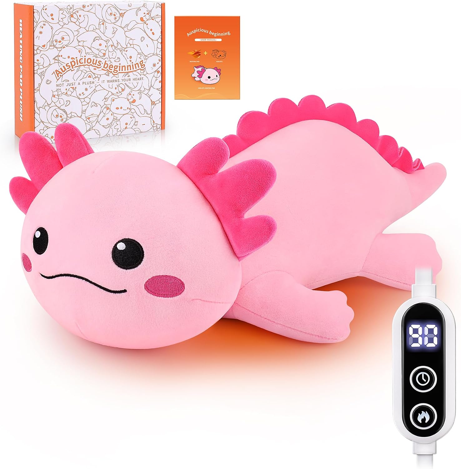 Electric Heating Pad for Period Cramps, 14'' Cuddly Pink Axolotl Plush with a Hot Soft Belly USB Powered, Menstrual Heating Pad Neck Shoulder Pain Relief, Gift for Daughter Wife Period Heating Pad