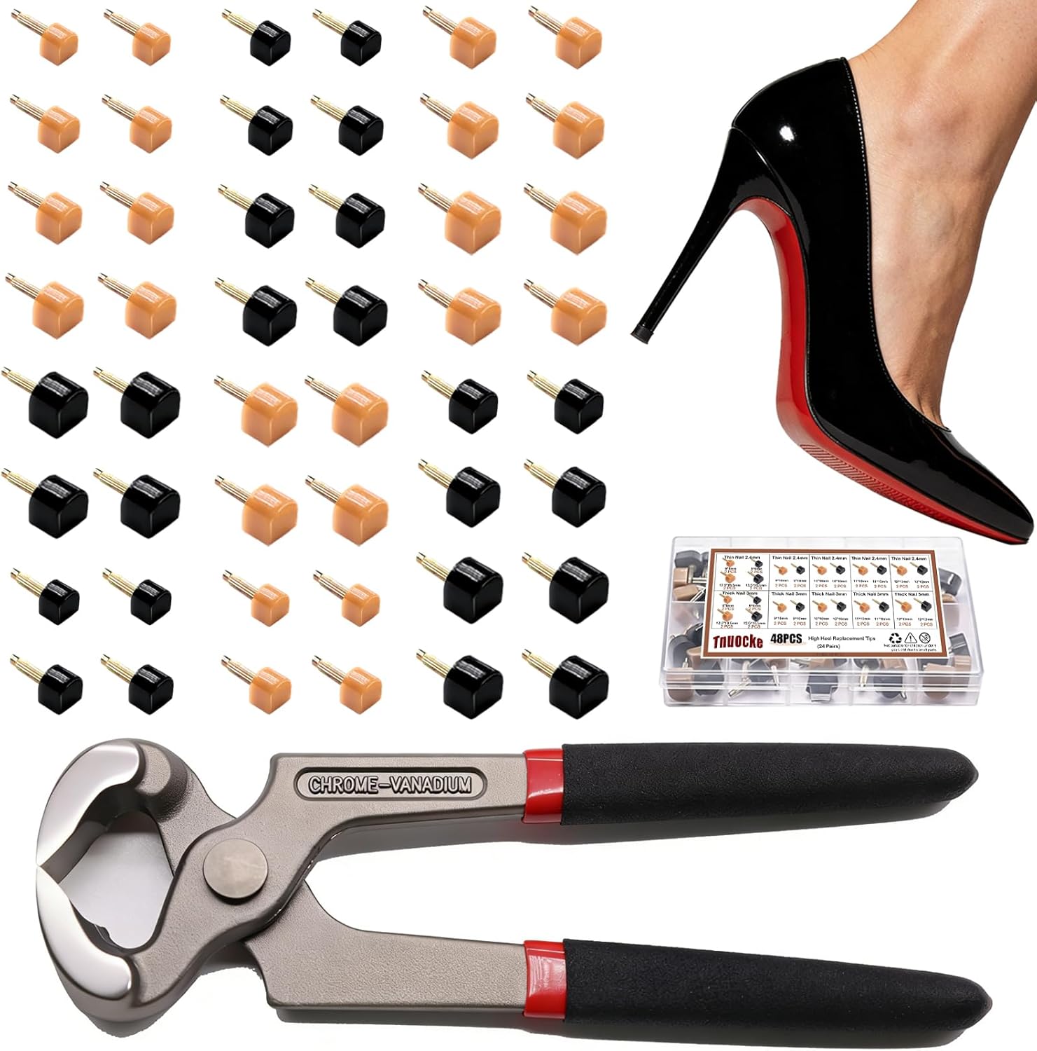 24 Pairs High Heel Replacement Tips, Women Heel Shoes Repair Cap，Dowels Tips Pin Kit,with 6 Inch High Heel Remove Pliers, 8-12.5mm 6 Sizes Heel Tips Caps, U-Shape, Black Beige
