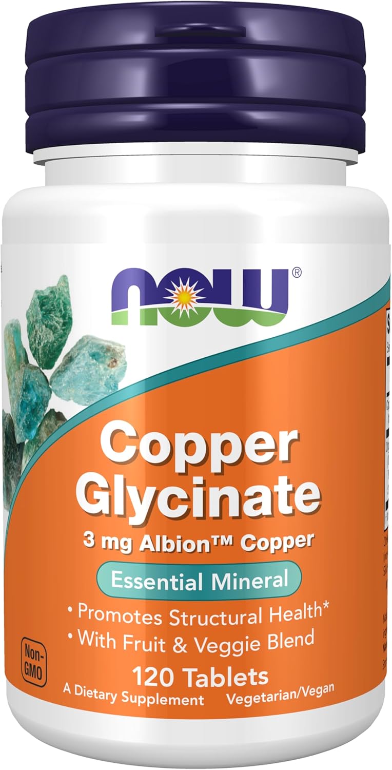 Now Foods Supplements, Copper Glycinate with 3mg Albion Copper, Promotes Structural Health*, 120 Tablets, Light Gray, Tan