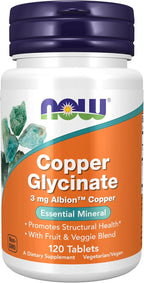 Now Foods Supplements, Copper Glycinate with 3mg Albion Copper, Promotes Structural Health*, 120 Tablets, Light Gray, Tan