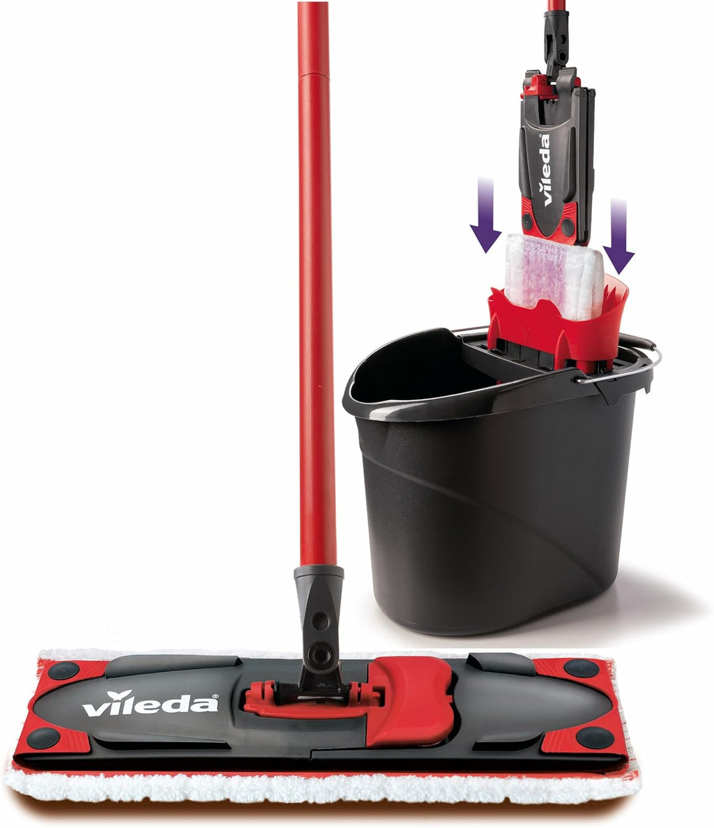 Vileda Ultramax Care Complete Set, Floor Mop with Handle, Bucket with PowerPress, for Sensitive Floors, 100% Recycled Microfibre, Quick-Drying Floor