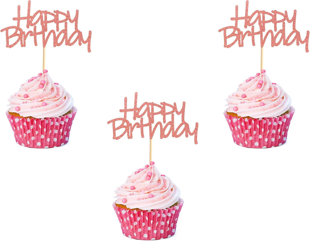 24pcs Happy Birthday Cupcake Toppers Pre-Assembled Rose Gold Glitter Cake Food Fruit Picks for Celebrating Birthday Party Decoration Supplies