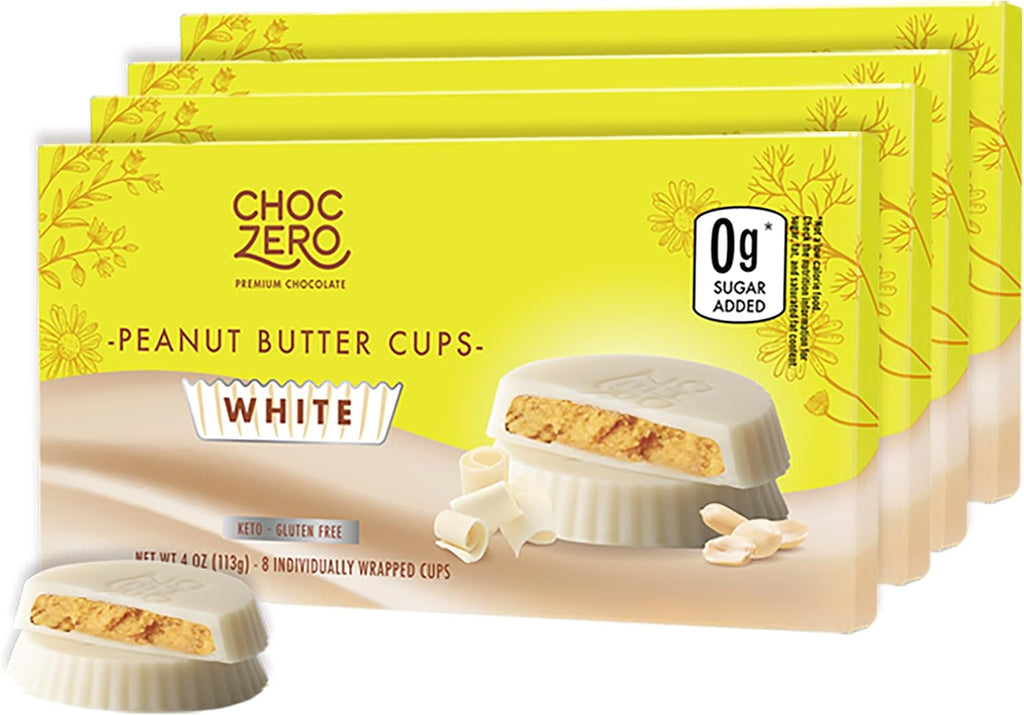 ChocZero White Chocolate Peanut Butter Cups, No Added Sugar, Low Carb Snack, High Fiber, Keto Friendly, 32 Total Cups (4 Ounce, Pack of 4)