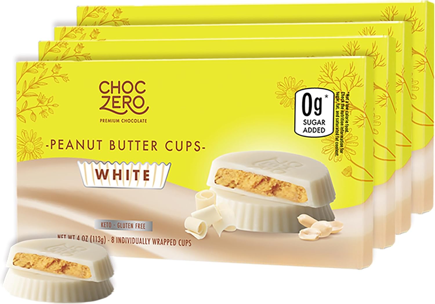 ChocZero White Chocolate Peanut Butter Cups, No Added Sugar, Low Carb Snack, High Fiber, Keto Friendly, 32 Total Cups (4 Ounce, Pack of 4)