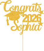 Personalized Graduation Cake Topper Class of 2026 Cake Toppers Graduation Gifts Glitter Congrats Cake Topper with Any Name for Son Daughter Friends Grandson Cake Decorations (Gold)