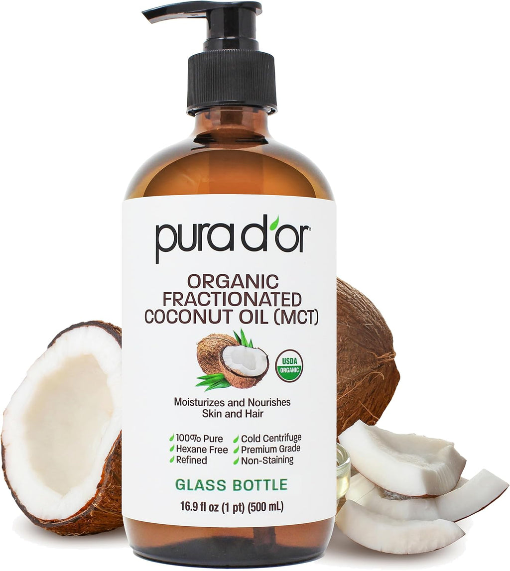 PURA D'OR 16.9 Oz ORGANIC Fractionated Coconut Oil (GLASS BOTTLE) USDA Certified MCT Oil – Therapeutic, Lightweight Moisturizer – Hexane Free Carrier Oil For Essential Oils, Massage – Face, Hair, Body