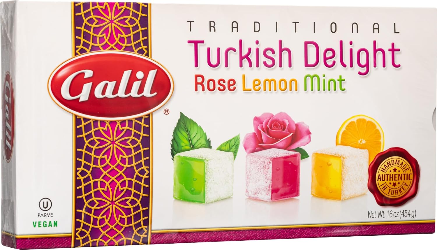 Turkish Delight Galil (Rahat Lokum) Rose Lemon Mint Flavor Gift Box – Authentic Traditional Turkish Dessert Assortment, Handmade in Turkey, Soft Chewy Powdered Sugar Coated Lokum, Kosher & Vegan Gourmet Middle Eastern Candy, 16oz/454g