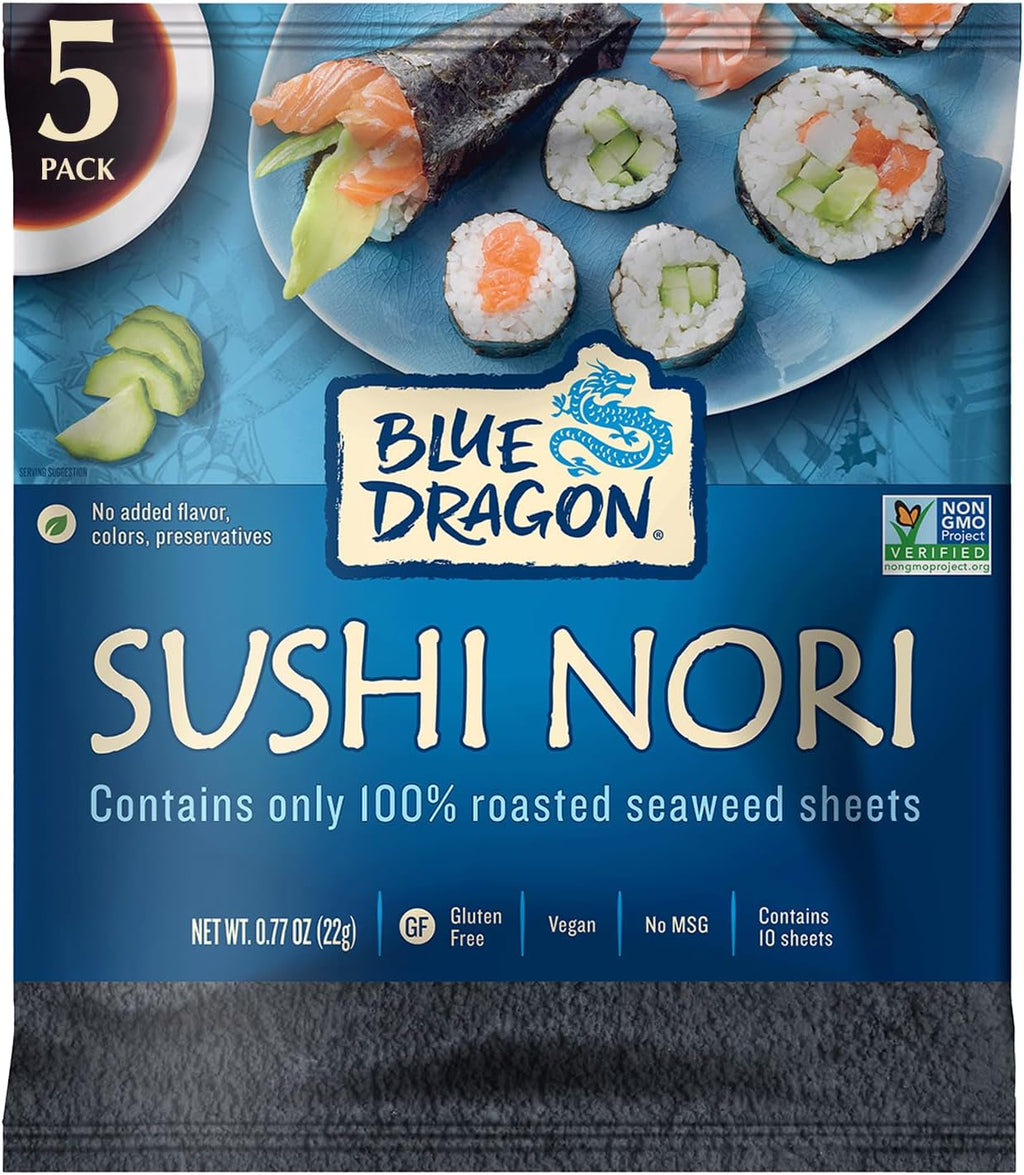 Blue Dragon Sushi Nori - 0.77oz (Pack of 5) - No Artificial Flavors Or Preservatives - Made With 100% Roasted Seaweed Sheets - Vegan, Gluten Free Seaweed Wraps - Ideal For Sushi Rolls & Hand Rolls