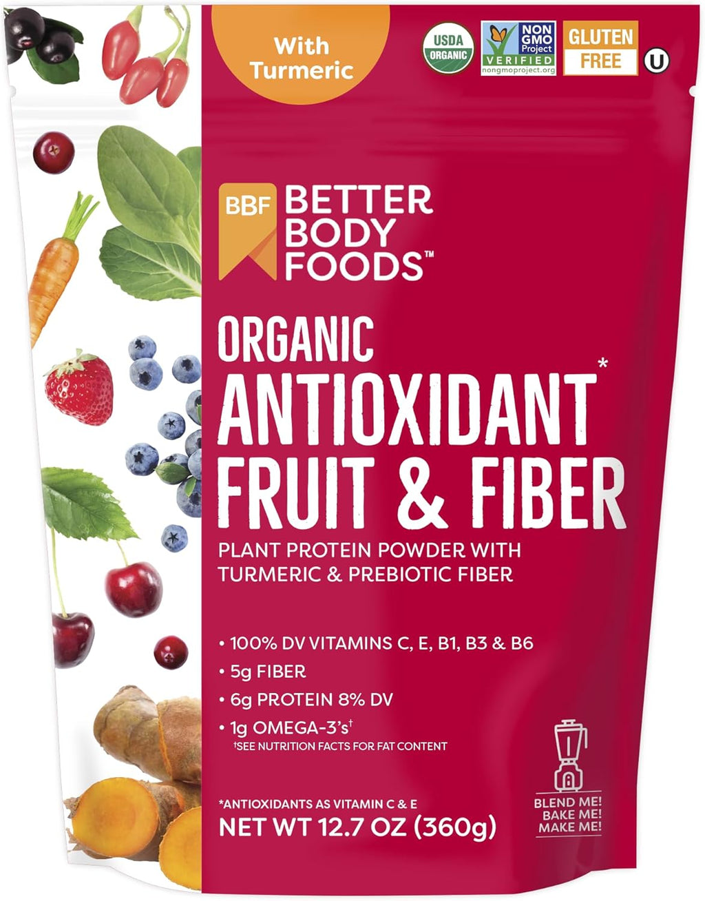 BetterBody Foods Organic Antioxidant Fruit and Fiber Superfood Blend, 12.7 Ounce, Powder