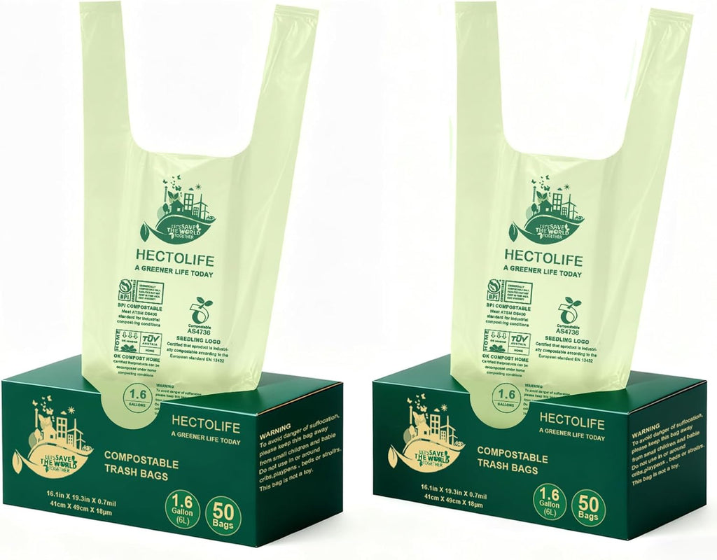 1.6 Gallon 100 Count,Compostable Bags Handle Tie,Tear Resistant Kitchen Food Scrap Waste Bag, ASTM D6400, US BPI and Europe OK Compost Home Certified