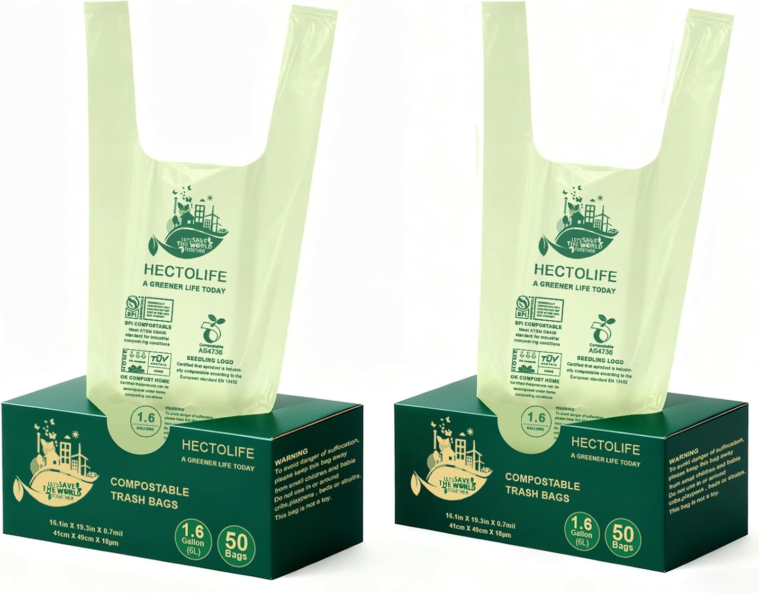 1.6 Gallon 100 Count,Compostable Bags Handle Tie,Tear Resistant Kitchen Food Scrap Waste Bag, ASTM D6400, US BPI and Europe OK Compost Home Certified