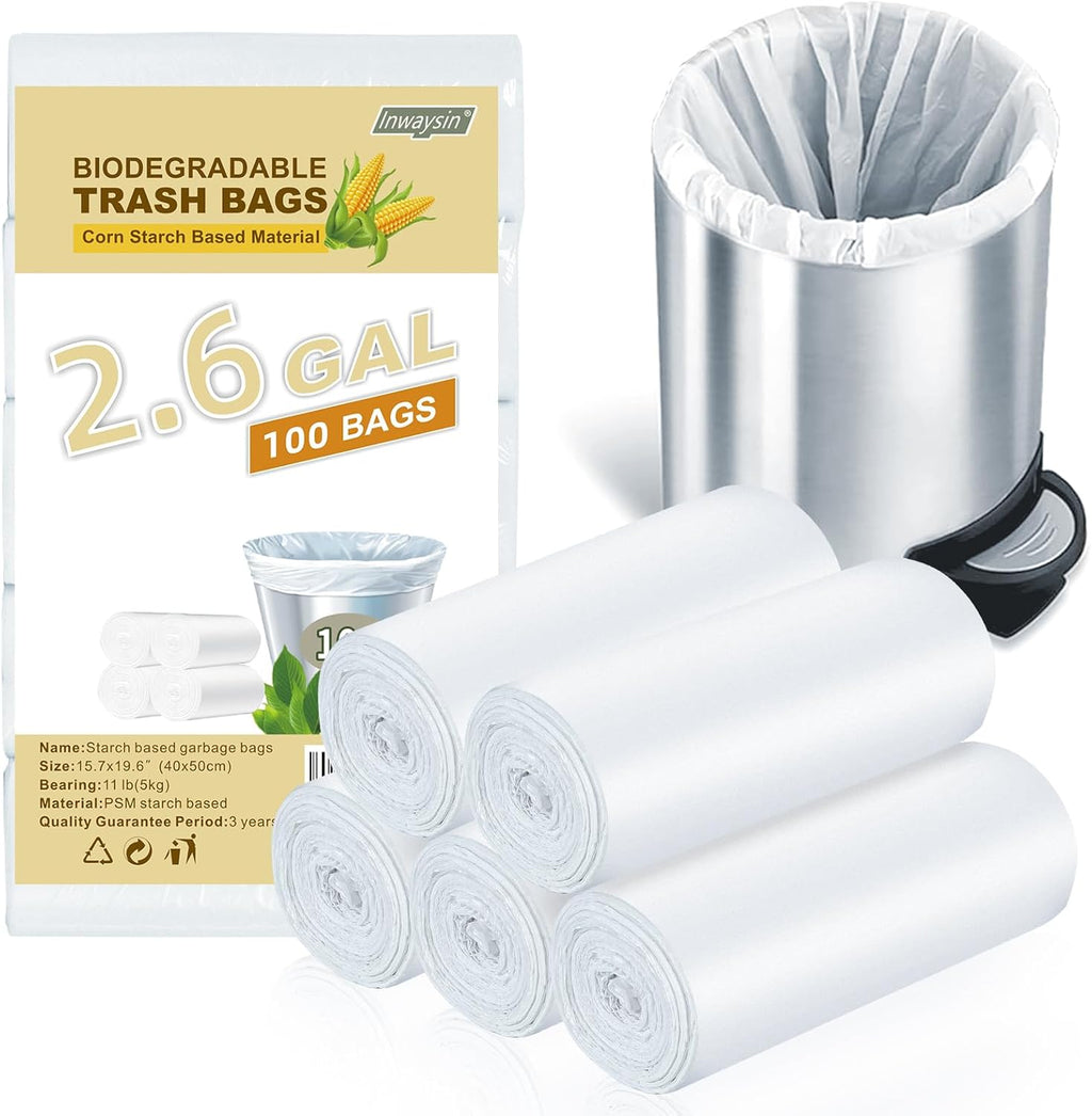 Compostable Trash Bags 2.6-Gallon Garbage-Bag - Inwaysin Biodegradable Recyclable 100 Counts Small Strong Thick Unscented Car Can Liners for Office Bedroom Waste Basket Clear White