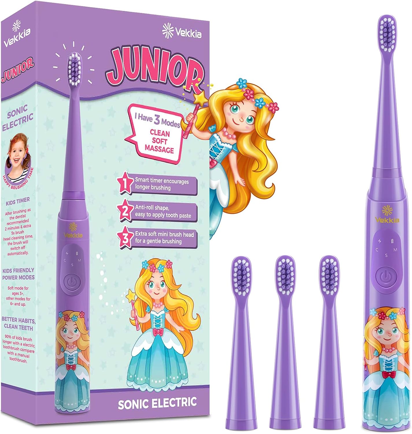 Vekkia Sonic Rechargeable Kids Electric Toothbrush, 3 Modes with Memory, Fun & Easy Cleaning, 24000 Strokes, IPX7 Waterproof, 2-Min Timer for Age 5+, 4 Soft Bristles(Purple)