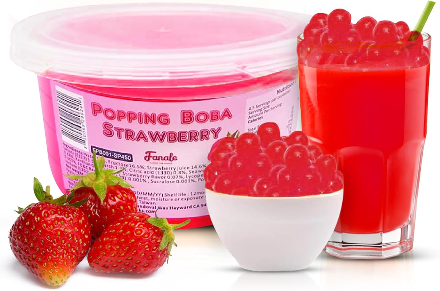 Fanale Strawberry Popping Boba Pearls, Vegan, Non GMO, Gluten Free, Fat Free, Perfect for Bubble Tea, Smoothies, Ice Cream, Desserts, and Beverages.