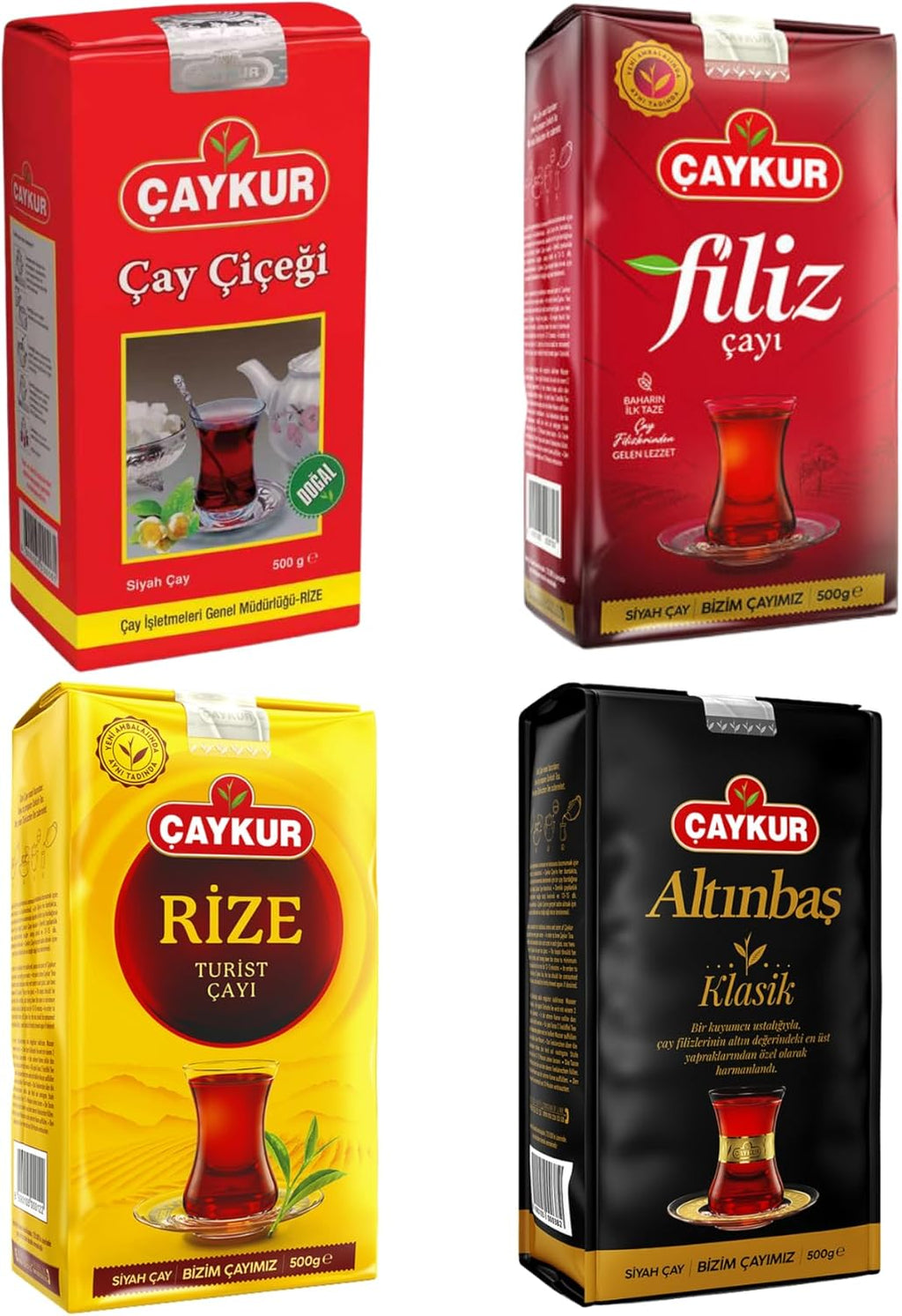 ÇAYKUR Premium Turkish Black Tea Bundle, Filiz, Caycicegi, Altinbas & Rize, Traditional Loose Leaf Black Tea, Set of 4 each 500g / 17.6 Oz