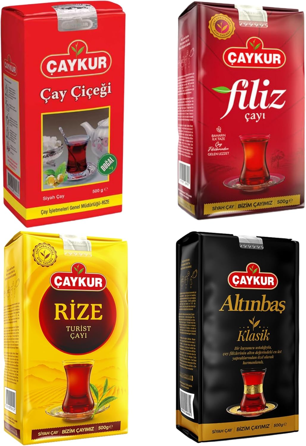 ÇAYKUR Premium Turkish Black Tea Bundle, Filiz, Caycicegi, Altinbas & Rize, Traditional Loose Leaf Black Tea, Set of 4 each 500g / 17.6 Oz