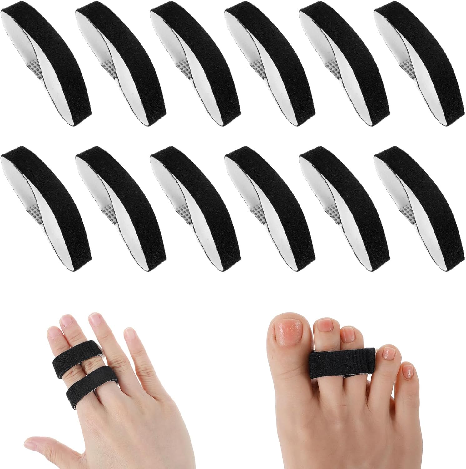 12 Pcs Buddy Tape Finger Straps, No Slip Buddy Straps for Fingers, Reusable Arthritis Finger Splint, Toe Straighteners for Sprained Fingers Support Curled Toe Broken Toes (Black)