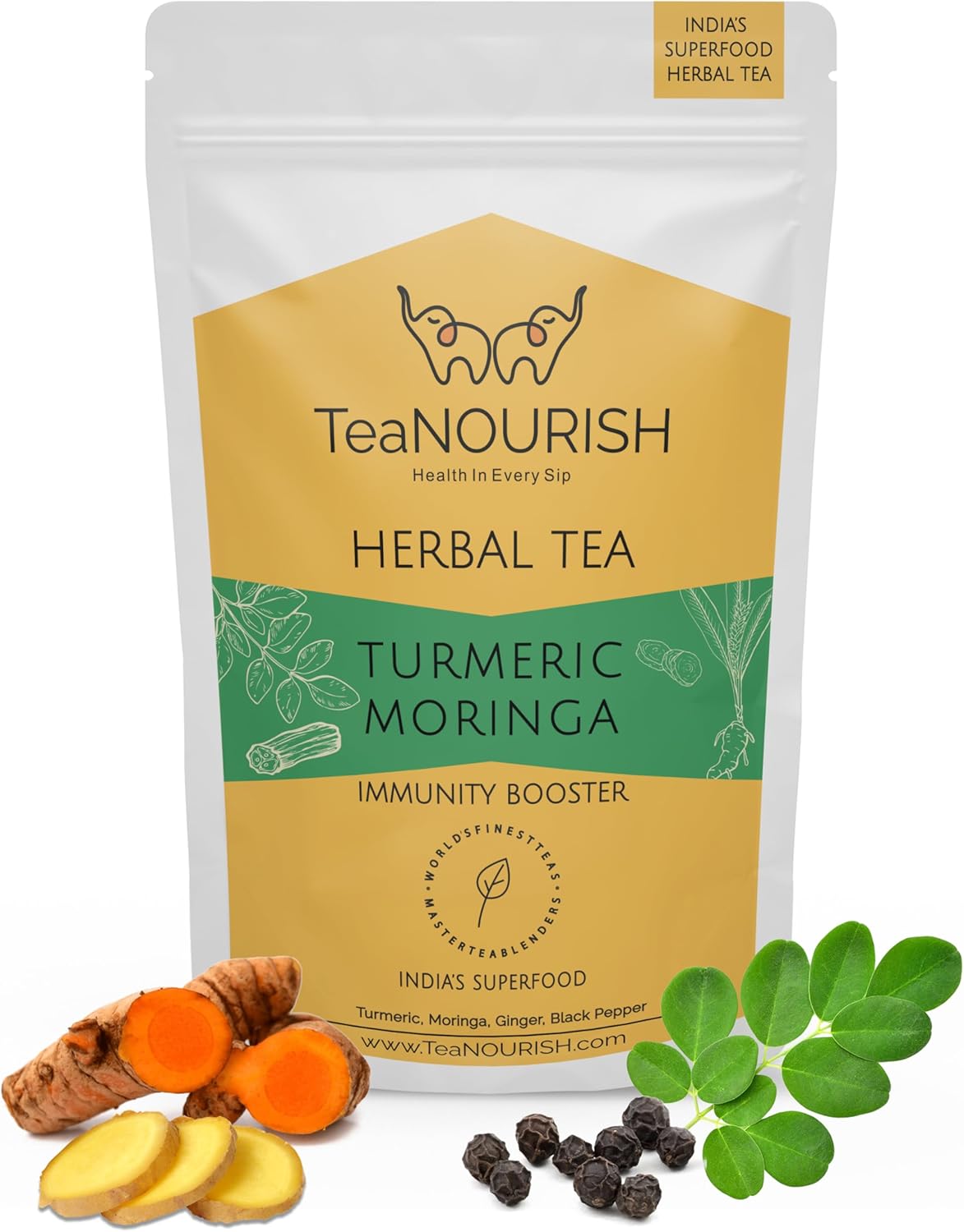 TeaNOURISH Turmeric Moringa Herbal Tea | Blend of Indian Superfoods Turmeric, Moringa, Ginger & Black Pepper | Supports Immunity | 100% NATURAL INGREDIENTS - 3.53oz/100g