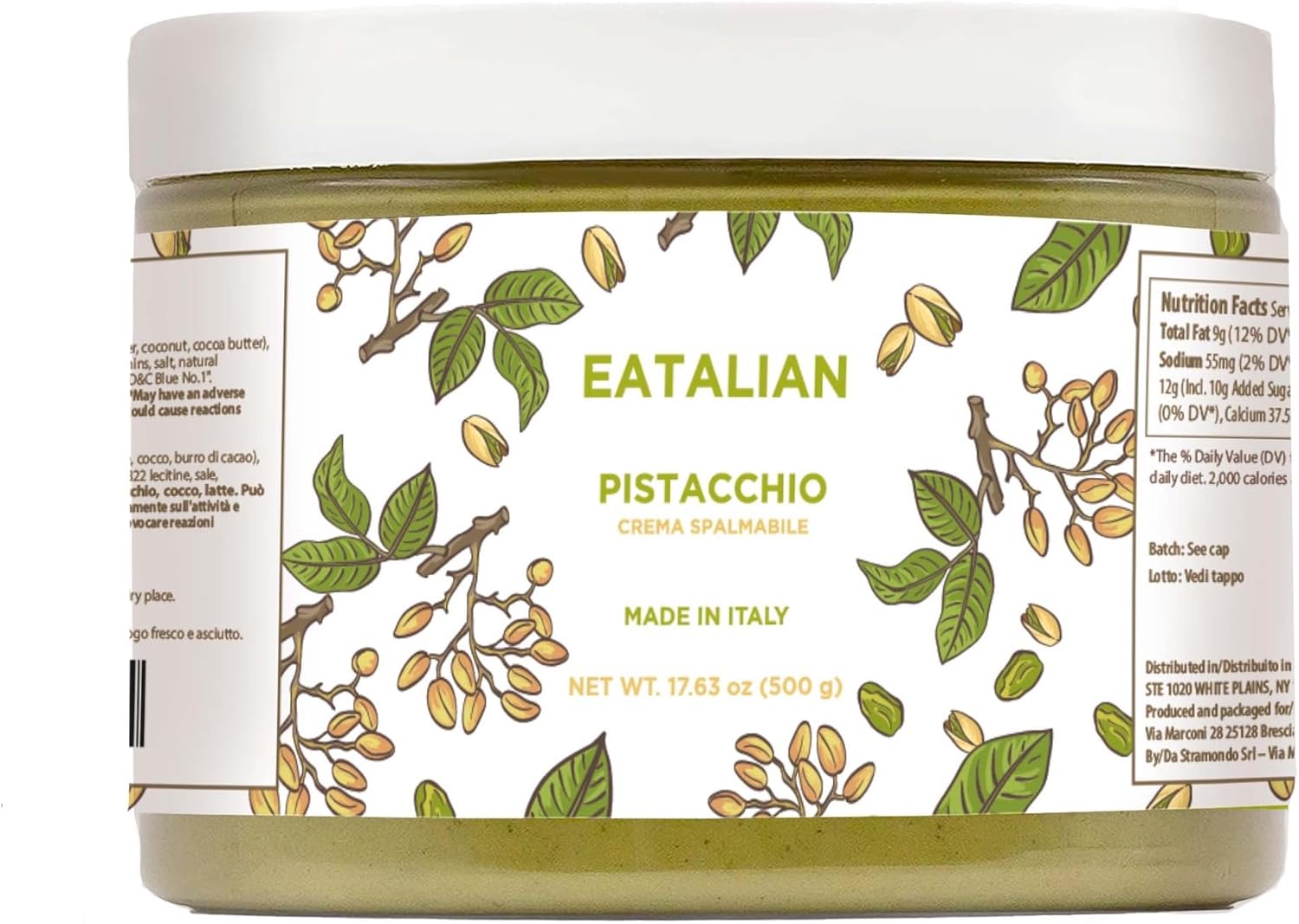 EATALIAN by AMZ BETTER Pistachio Cream, 17.63 oz/500 gr, Delicious Spreadable Cream with Sweet and Unique Taste, Perfect with Ice Creams, for Filling Cakes and Dubai Chocolate, Made in Italy