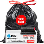 Reli. 39 Gallon Trash Bags Drawstring (200 Count Bulk) Large 39 Gallon Heavy Duty Drawstring Trash Bags - Black Garbage 39Gal Capacity, Lawn Leaf (39Gal)