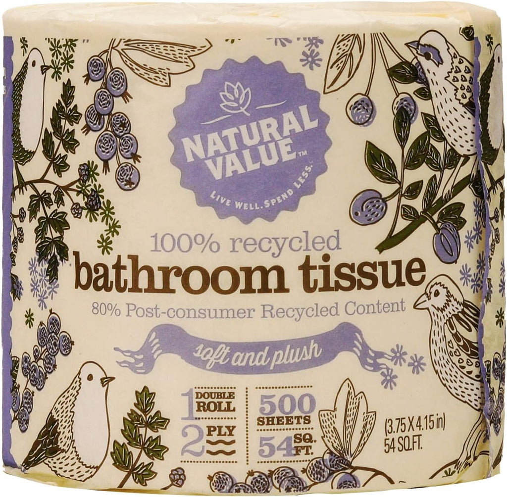 Natural Value 100% Recycled Bathroom Tissue, 500 2-Ply Sheets Per Roll (16 Rolls) Free of Dyes, Fragrance, No Chlorine Bleach, Made utilizing continuously recycled water, A+ by NRDC