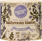 Natural Value 100% Recycled Bathroom Tissue, 500 2-Ply Sheets Per Roll (16 Rolls) Free of Dyes, Fragrance, No Chlorine Bleach, Made utilizing continuously recycled water, A+ by NRDC