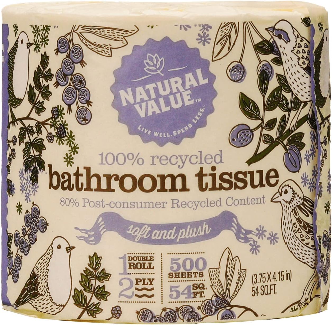 Natural Value 100% Recycled Bathroom Tissue, 500 2-Ply Sheets Per Roll (16 Rolls) Free of Dyes, Fragrance, No Chlorine Bleach, Made utilizing continuously recycled water, A+ by NRDC