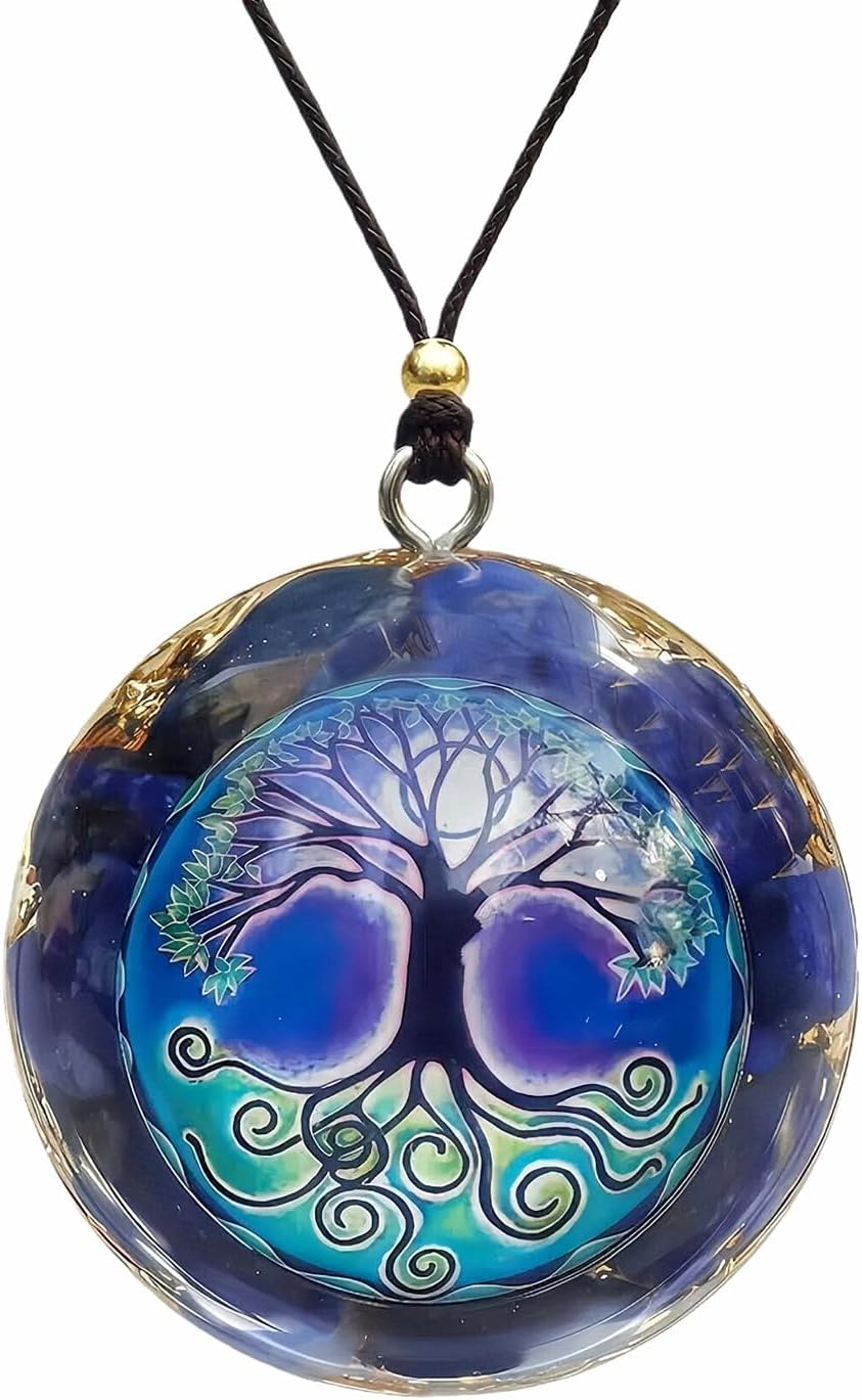 Tree of Life Orgone Pendant Lapis Lazuli Chakra Gemstone Reiki Healing Crystals Chakra Orgonite Pendant Necklace for Good Luck Yoga Meditation Jewelry- Adjustable Rope
