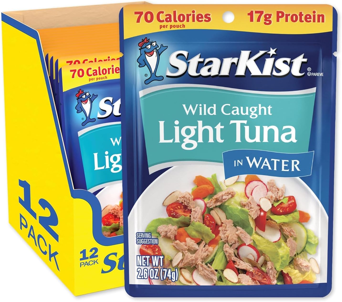 StarKist Chunk Light Tuna in Water, 2.6 oz Pouch (12 Pack) Ready to Eat Wild Caught Tuna, 17g Protein, 70 Calories Per Serving, Gluten Free, Soy Free, Kosher, Perfect for Salads, Keto Meals and Snacks