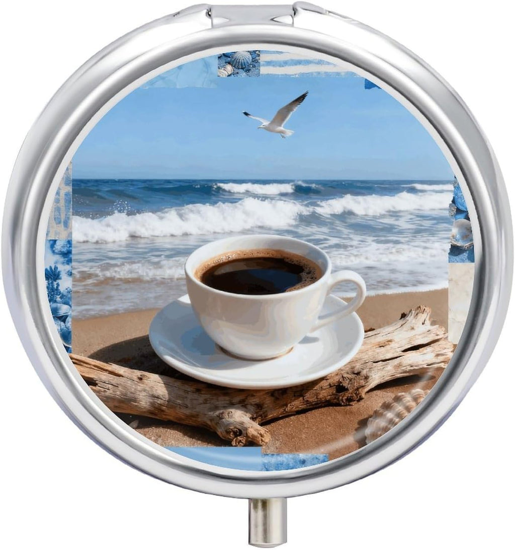 Coastal Coffee Collage Pill Box, 3 Compartment Small Pill Case, Metal Round Portable Storage Box Stores Vitamins, Medicines, Fish Oil and Supplements