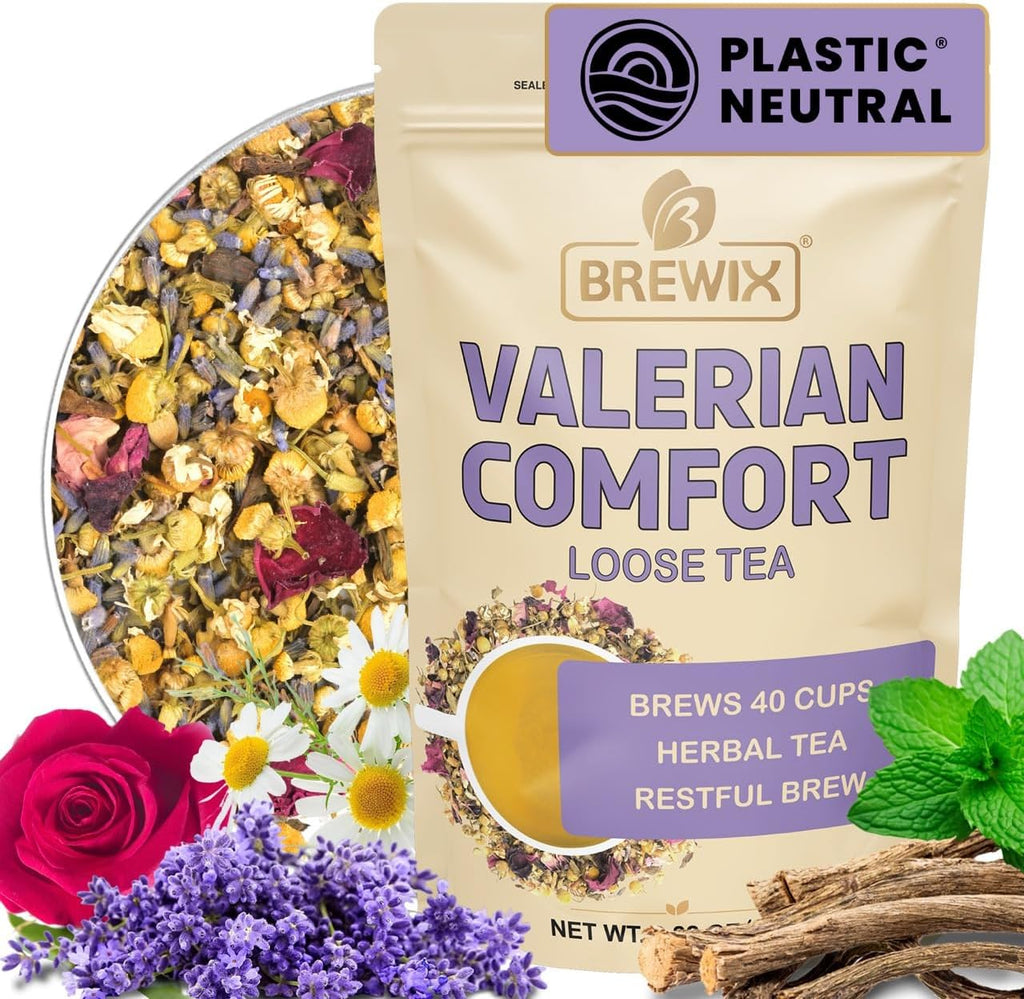 BREWIX, Valerian Comfort Herbal Tea (40+ Cups, 2.82oz/80g) Caffeine-Free Bedtime Blend with Valerian Root, Chamomile & Lavender | Floral & Earthy Infusion | Real Ingredients From India