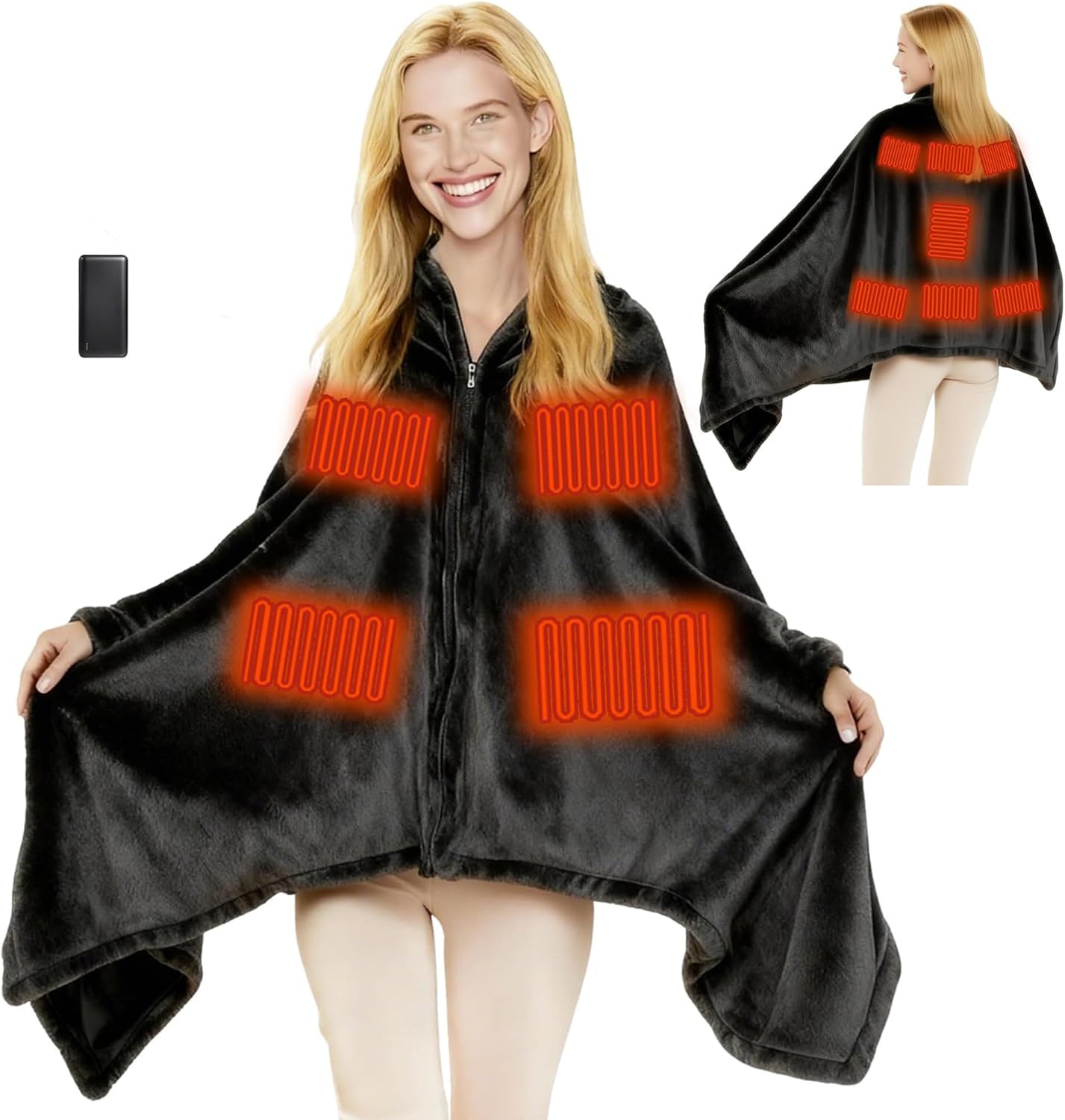 Portable Heated Blanket Battery Operated Cordless Heated Shawl for Women Men with Battery & 11 Heating Zones
