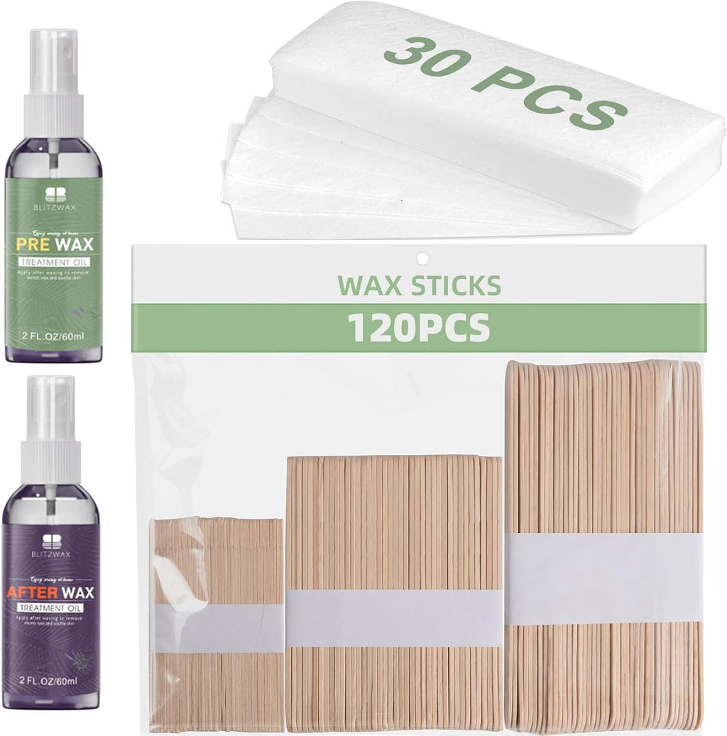 BLITZWAX Wax Kits with 120pcs Wooden Sticks for Hard Wax Hair Removal, Eyebrow Large and Small Applicators for Face, Body, and Lip, with 30 Wax Papers and Oils, Ideal for Women’s At-Home Waxing