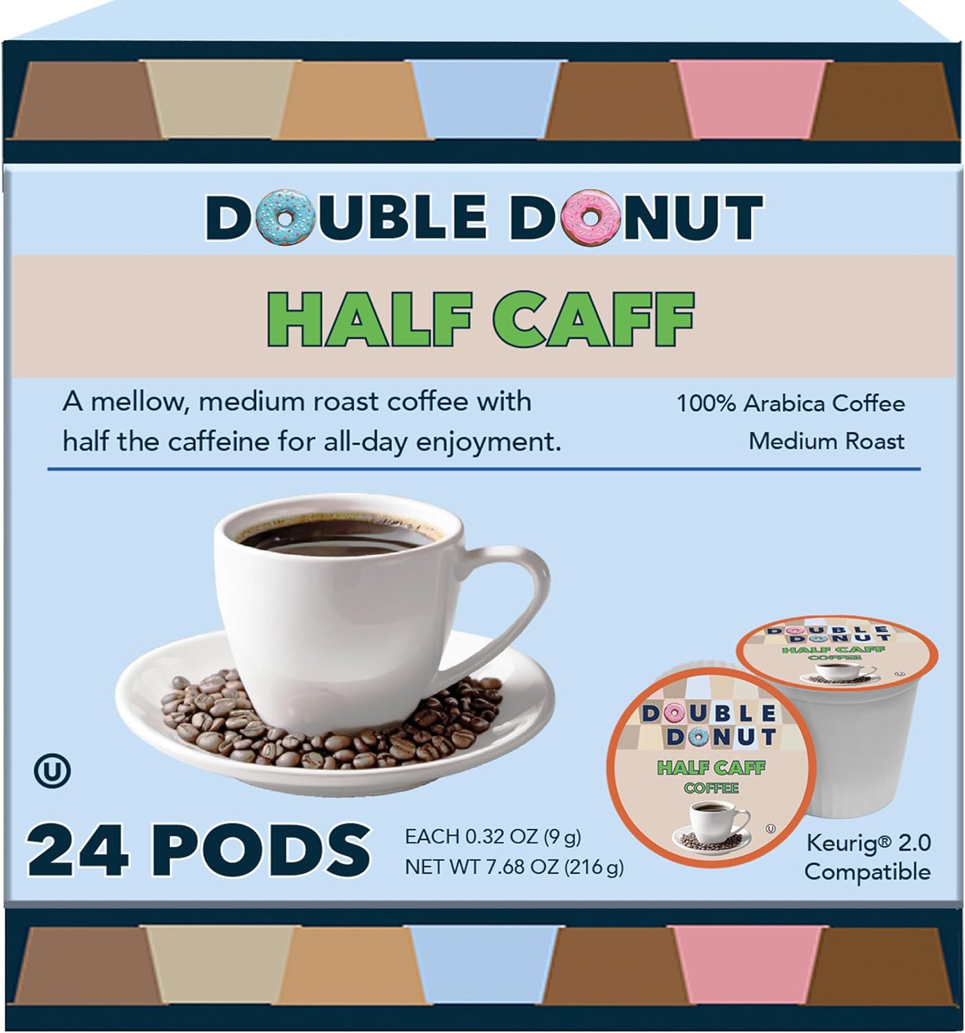 Double Donut Coffee Half Caff Coffee Pods, Single Serve Half Caffeine Coffee Pods For Keurig K Cup Brewers, Medium Roast, 24 Count