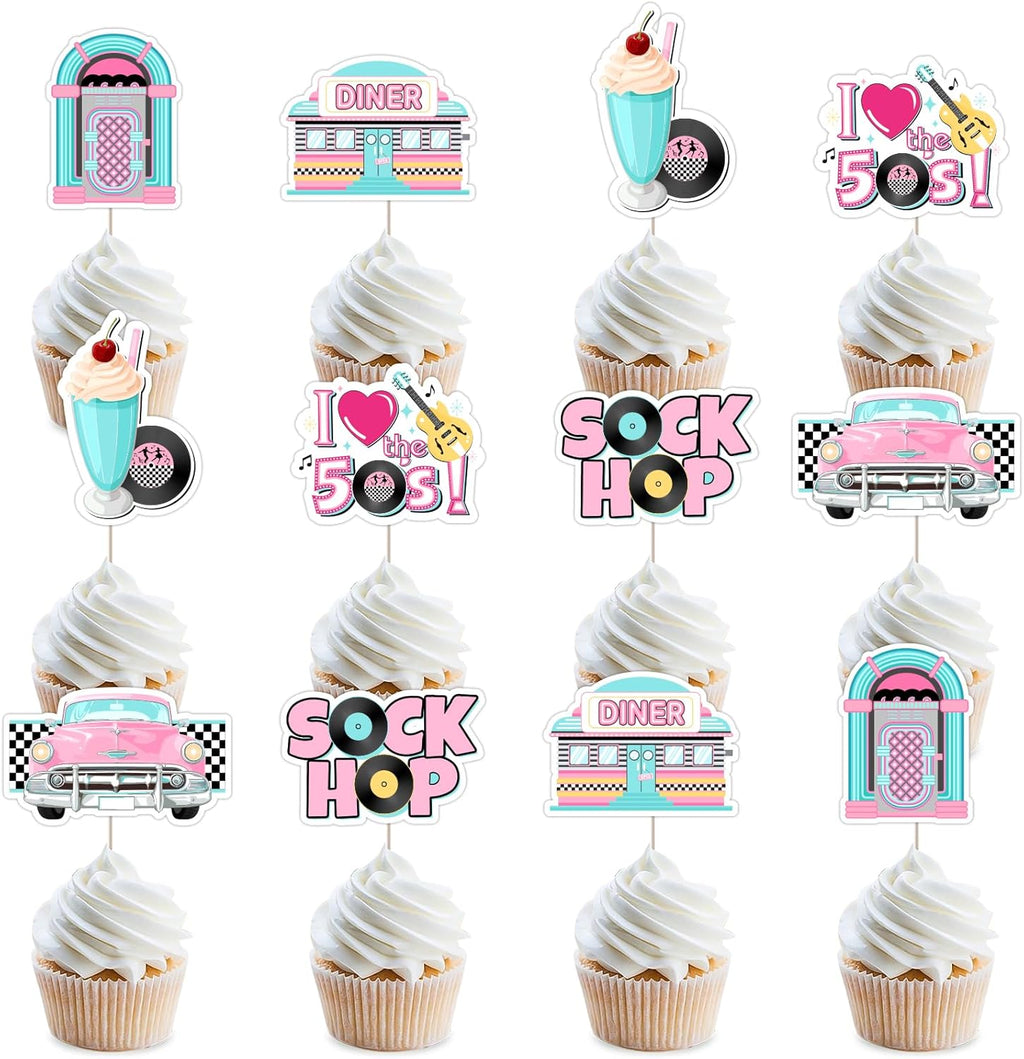 50s Cupcake Toppers 24pcs 1950s Birthday Decorations Sock Hop Cake Deors Rock and Roll 1950s Party Decors for Retro Hip Hop Theme Back to 50s 60s Party Supplies