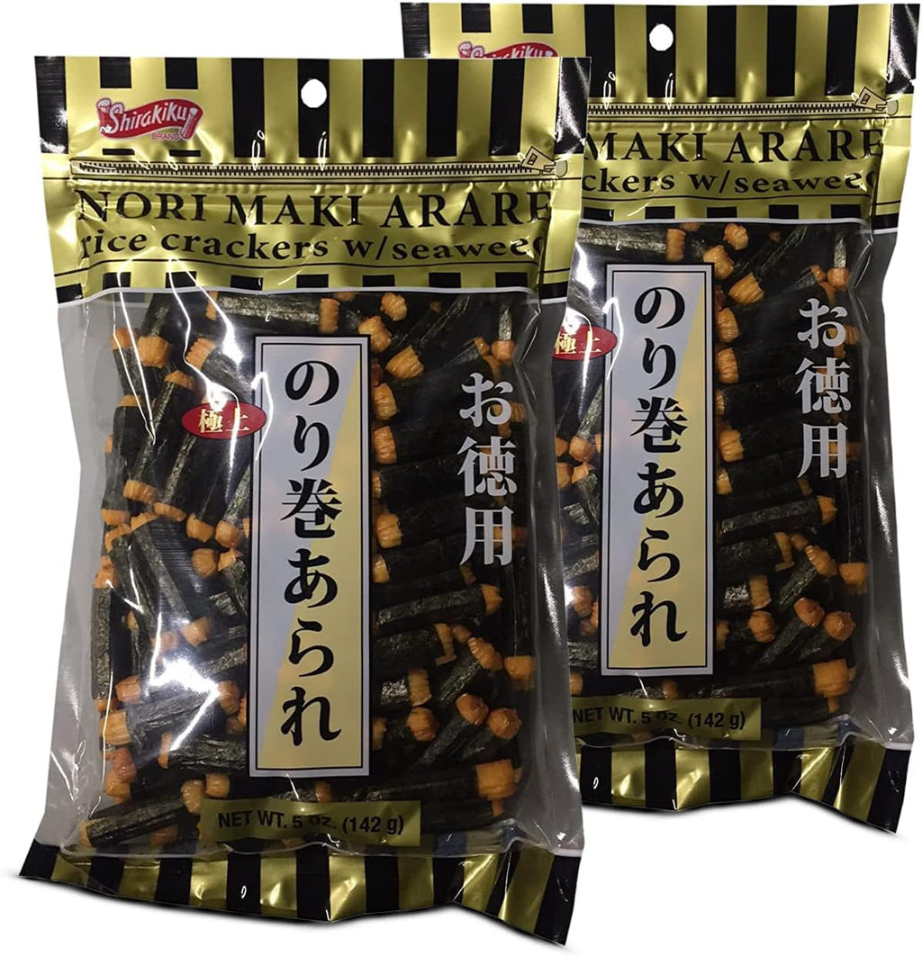 Shirakiku Japanese Nori Maki Arare Rice Crackers with | Glutinous Rice, Soy Sauce, Wheat, and Seaweed | Crispy and Savory Cracker Snacks, Seaweed Flavor, Pack of 2-5oz Each (Total 10oz)