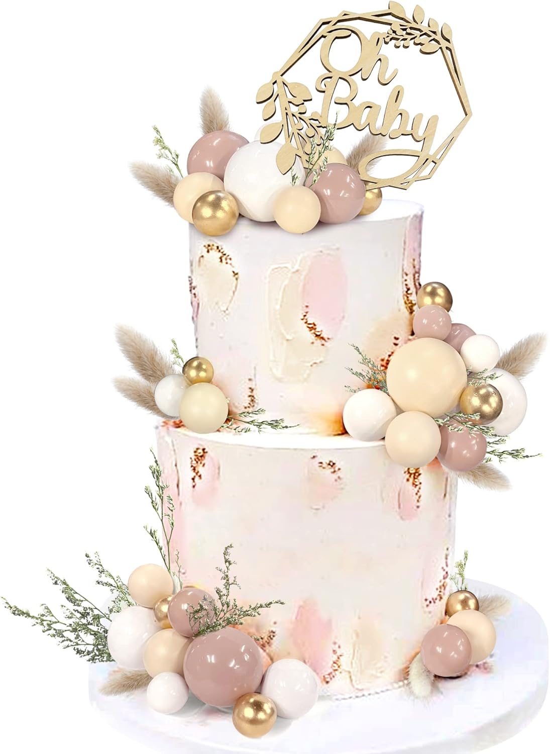 47 PCS Wood Oh Baby Cake Topper Boho Cake Toppers Balls Baby Shower Decorations for Newborn Birthday Wedding Gender Reveal