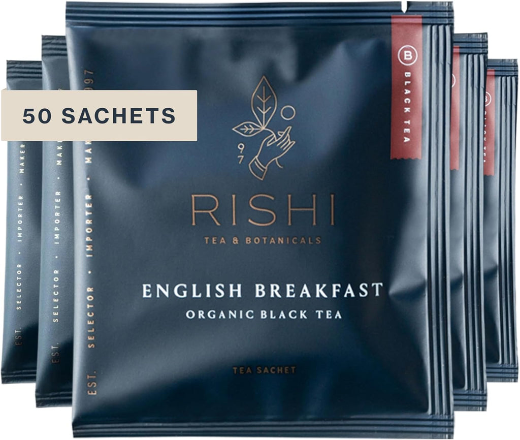 Rishi Tea English Breakfast Tea - Organic Sachet Tea Bags, Energizing & Caffeinated Pure Black Tea, Ideal for Hot or Iced Tea - 50 Count
