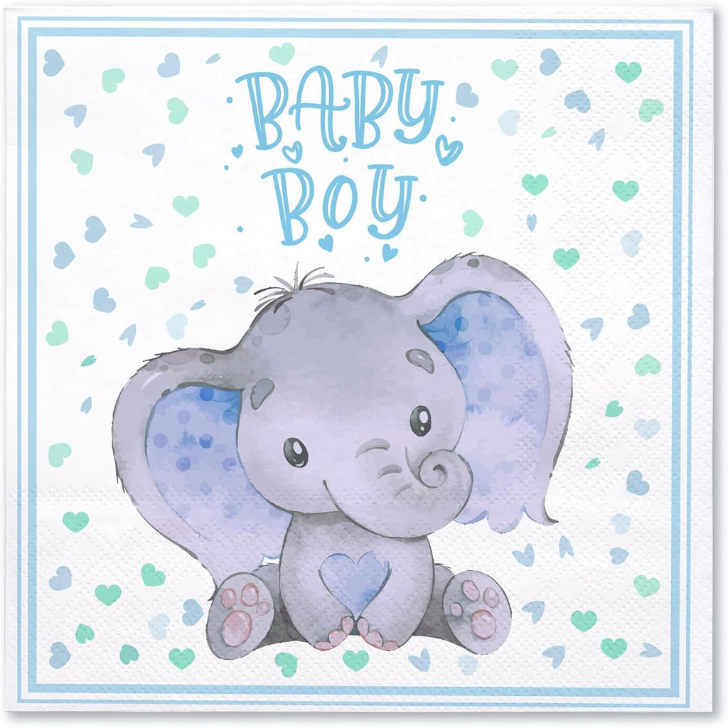 WRAPAHOLIC 50Pcs Boys Baby Shower Napkins - 3 Ply Adorable Blue Elephant Baby Boy Disposable Paper Luncheon Napkin for Baby Shower Tableware Party Supplies - 6.5 x 6.5 In