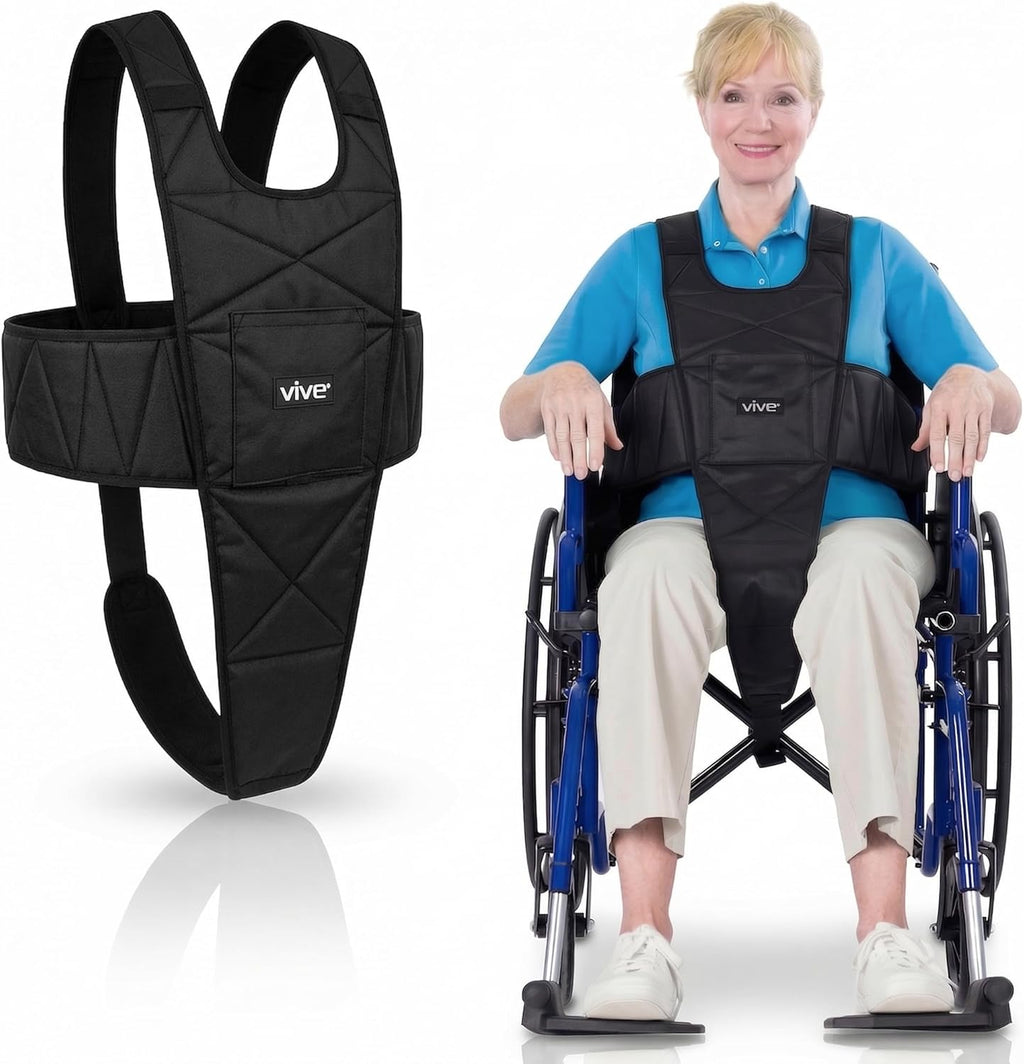 Vive Wheelchair Seatbelt - Wheelchair Harness for Adults, Anti-Slip Safety Belt with Adjustable Straps, Medical Restraints for Elderly People, Torso Support (Black)