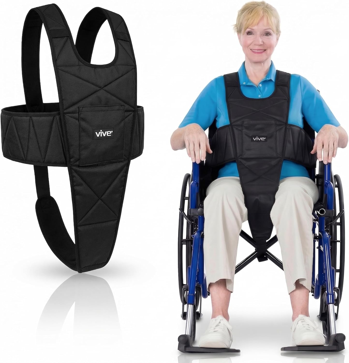Vive Wheelchair Seatbelt - Wheelchair Harness for Adults, Anti-Slip Safety Belt with Adjustable Straps, Medical Restraints for Elderly People, Torso Support (Black)