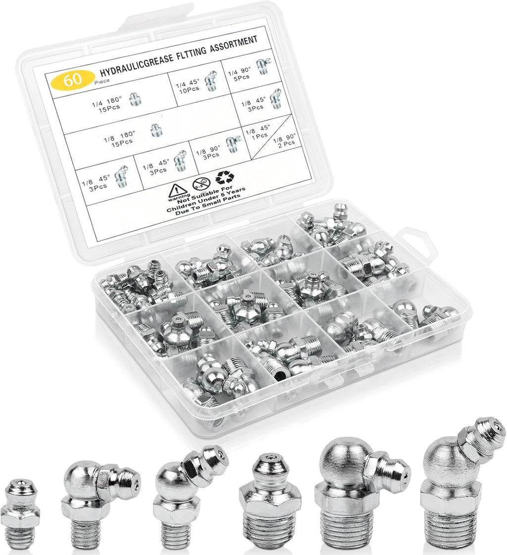 60Pcs Grease Fittings Kit, 1/4 & 1/8 Inch BSP Grease Zerk Fittings Assortment with 90 Degree, 45 Degree, and Straight Angle for Automotive, Tractors, and Industrial Machinery