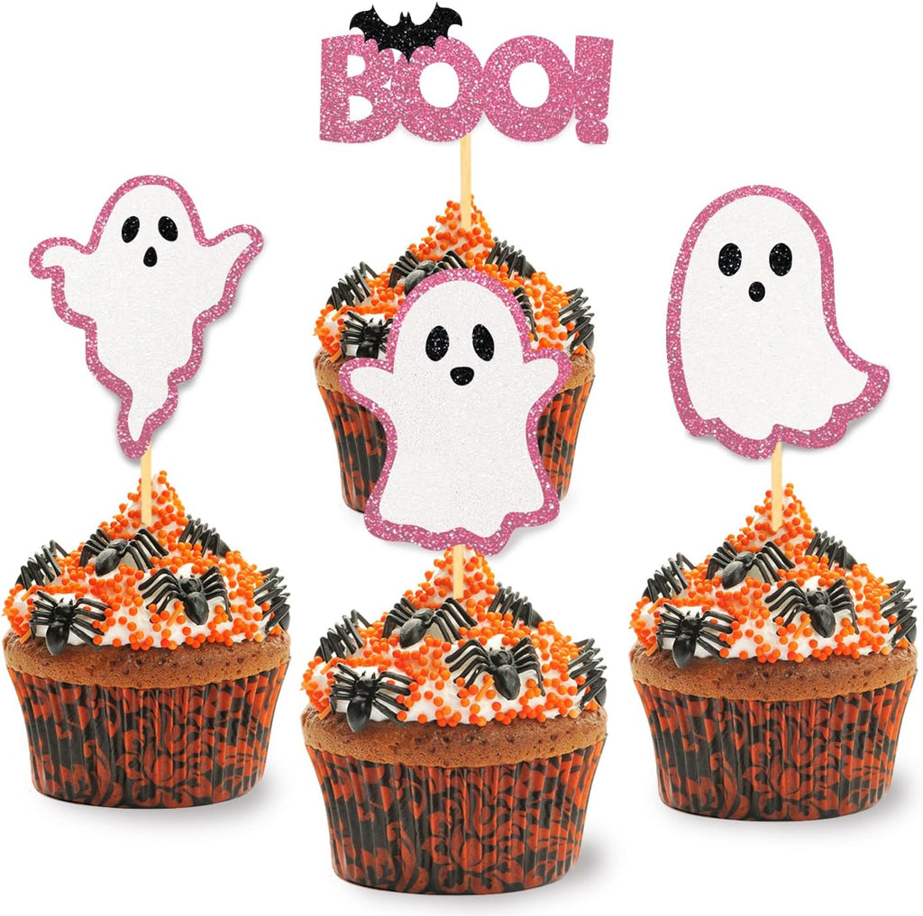 24 Pack Glitter Ghost Cupcake Toppers - Baby Shower Cupcake Toppers Decor Gender Reveal Party Decorations (Pink)