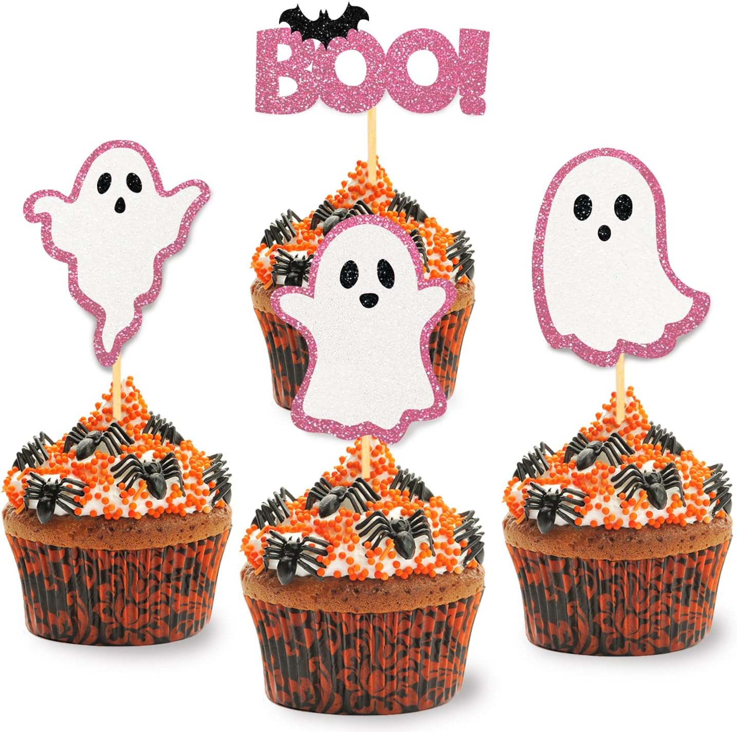 24 Pack Glitter Ghost Cupcake Toppers - Baby Shower Cupcake Toppers Decor Gender Reveal Party Decorations (Pink)