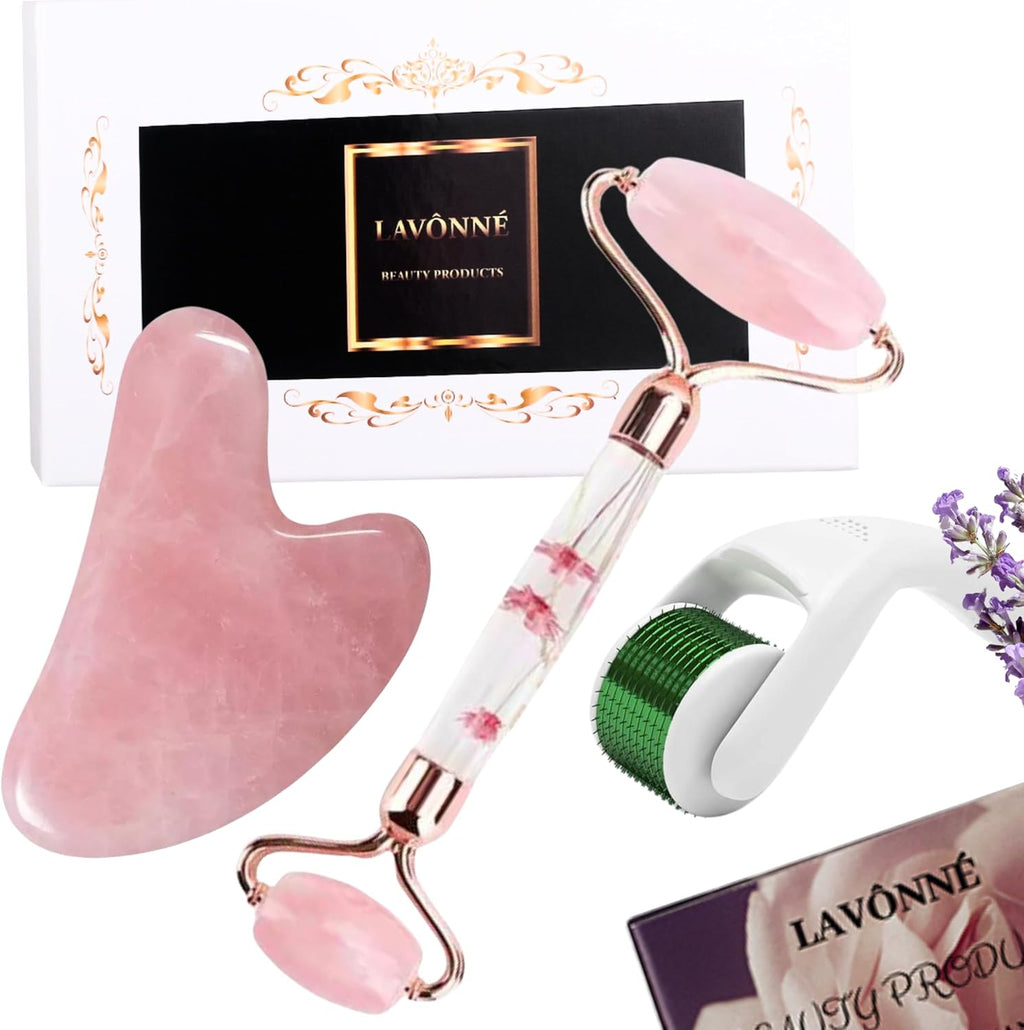 100% Authentic Rose Quartz Jade Roller and Gua Sha Set for face. Premium Quality Complete Kit. Facial Tools. Microneedle Derma Roller. Natural Facial Gift Set Women (Pink, 4 PCS)