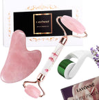100% Authentic Rose Quartz Jade Roller and Gua Sha Set for face. Premium Quality Complete Kit. Facial Tools. Microneedle Derma Roller. Natural Facial Gift Set Women (Pink, 4 PCS)