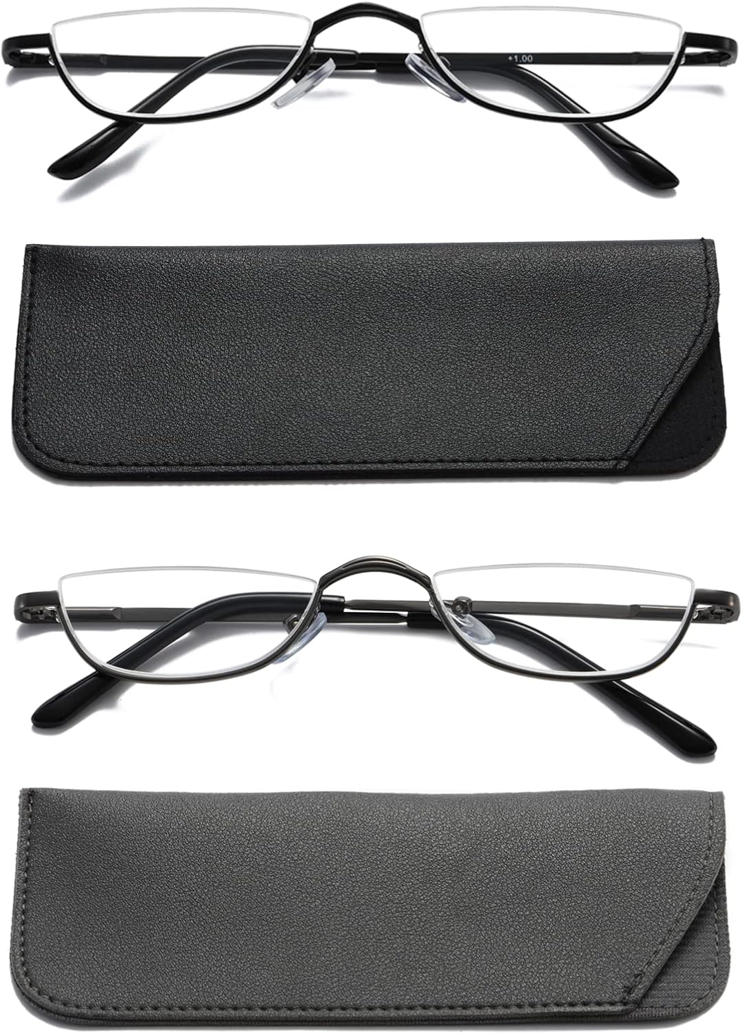 Viseng Half Frame Reading Glasses for Women Men Slim Half Moon Lens Readers Metal Semi Rimless eyewear Black+grey+1.75