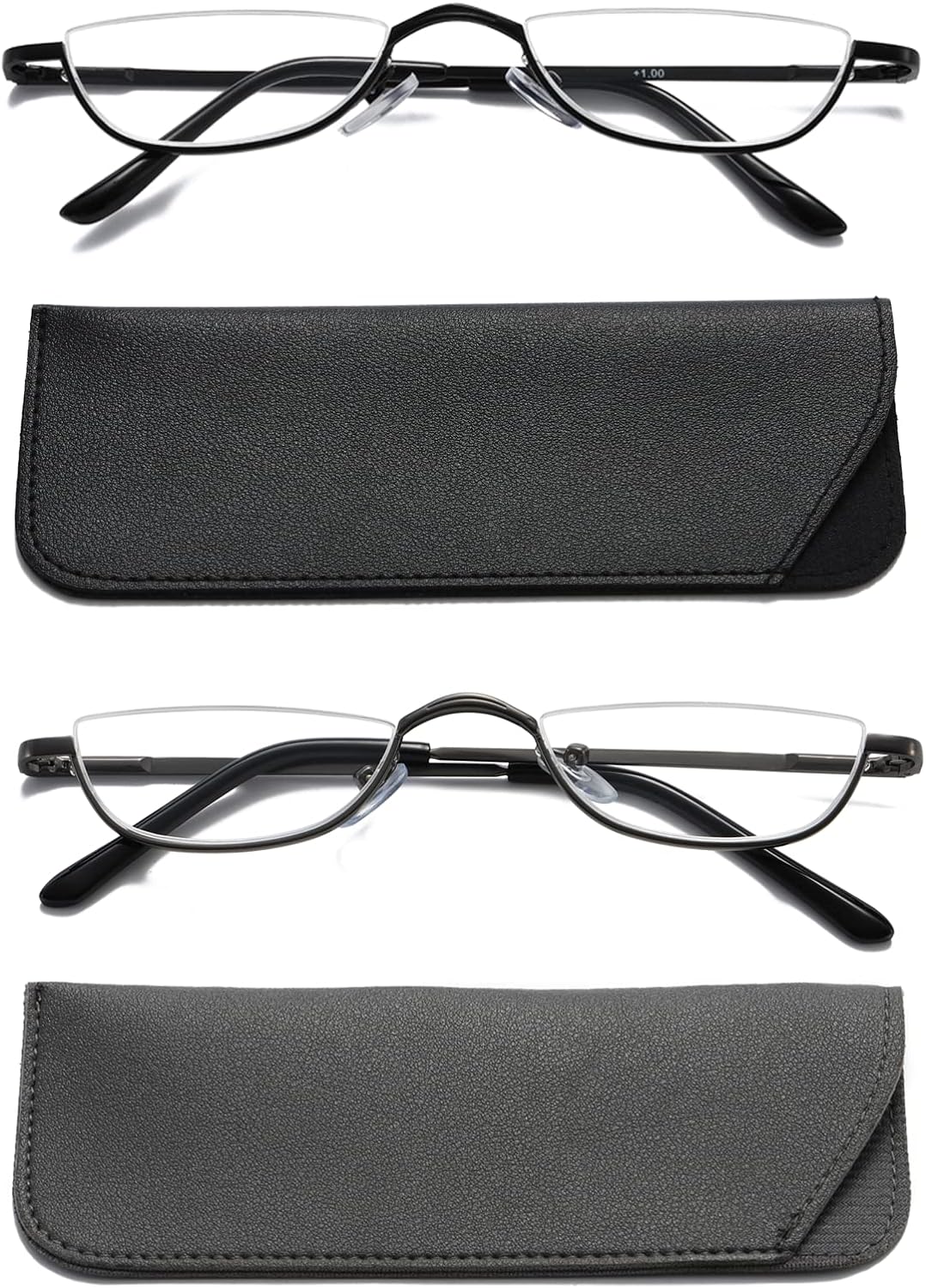 Viseng 2 Pairs Half Frame Reading Glasses for Women Men Slim Half Moon Lens Readers Metal Semi Rimless Eyewear +2.5
